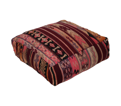 Front view of vintage Moroccan kilim pouf burgundy rose 60x60 cm 