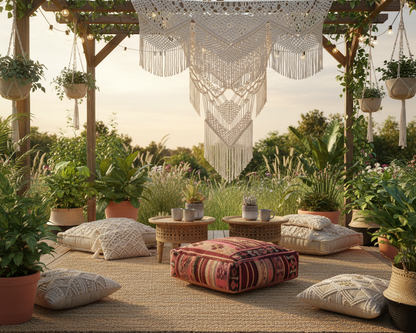 view of vintage Moroccan kilim pouf burgundy rose in outside space
