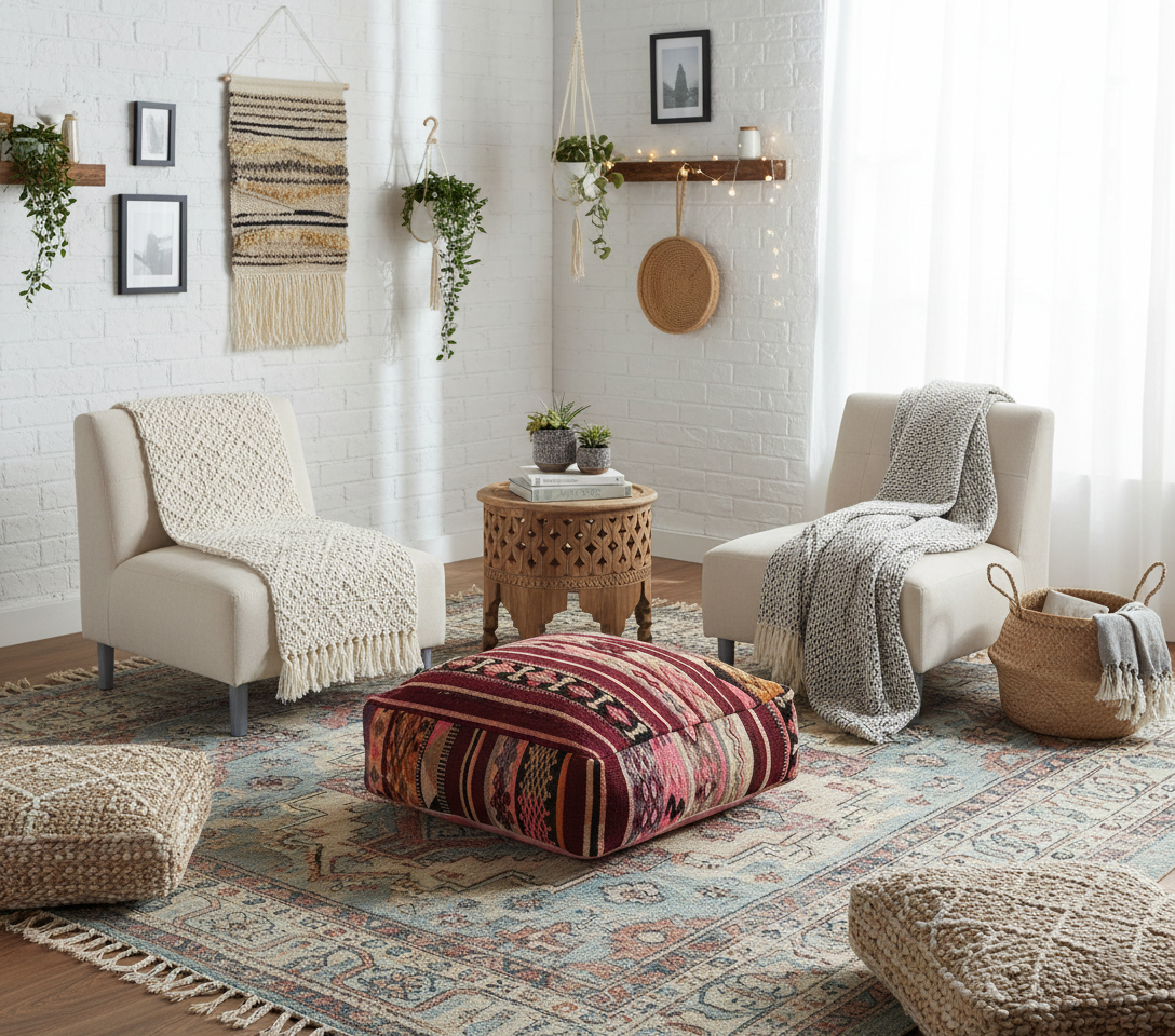 view of vintage Moroccan kilim pouf burgundy rose in  boho chic living room