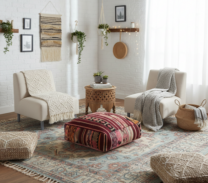 view of vintage Moroccan kilim pouf burgundy rose in  boho chic living room