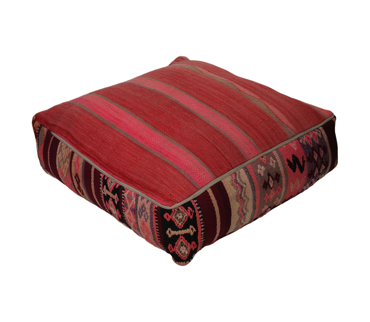 Back view of vintage Moroccan kilim pouf burgundy rose with zipper closure 
