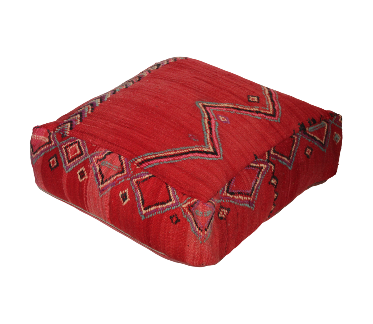Front view of vintage Moroccan kilim pouf red tribal 60x60 cm 