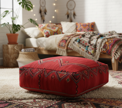 view of vintage Moroccan kilim pouf red tribal in bohemian bedroom