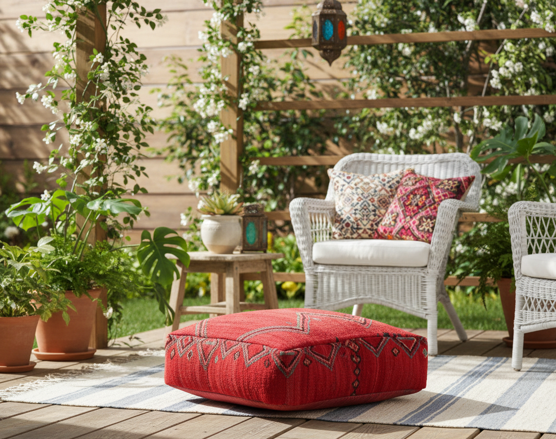 view of vintage Moroccan kilim pouf red tribal on garden decking