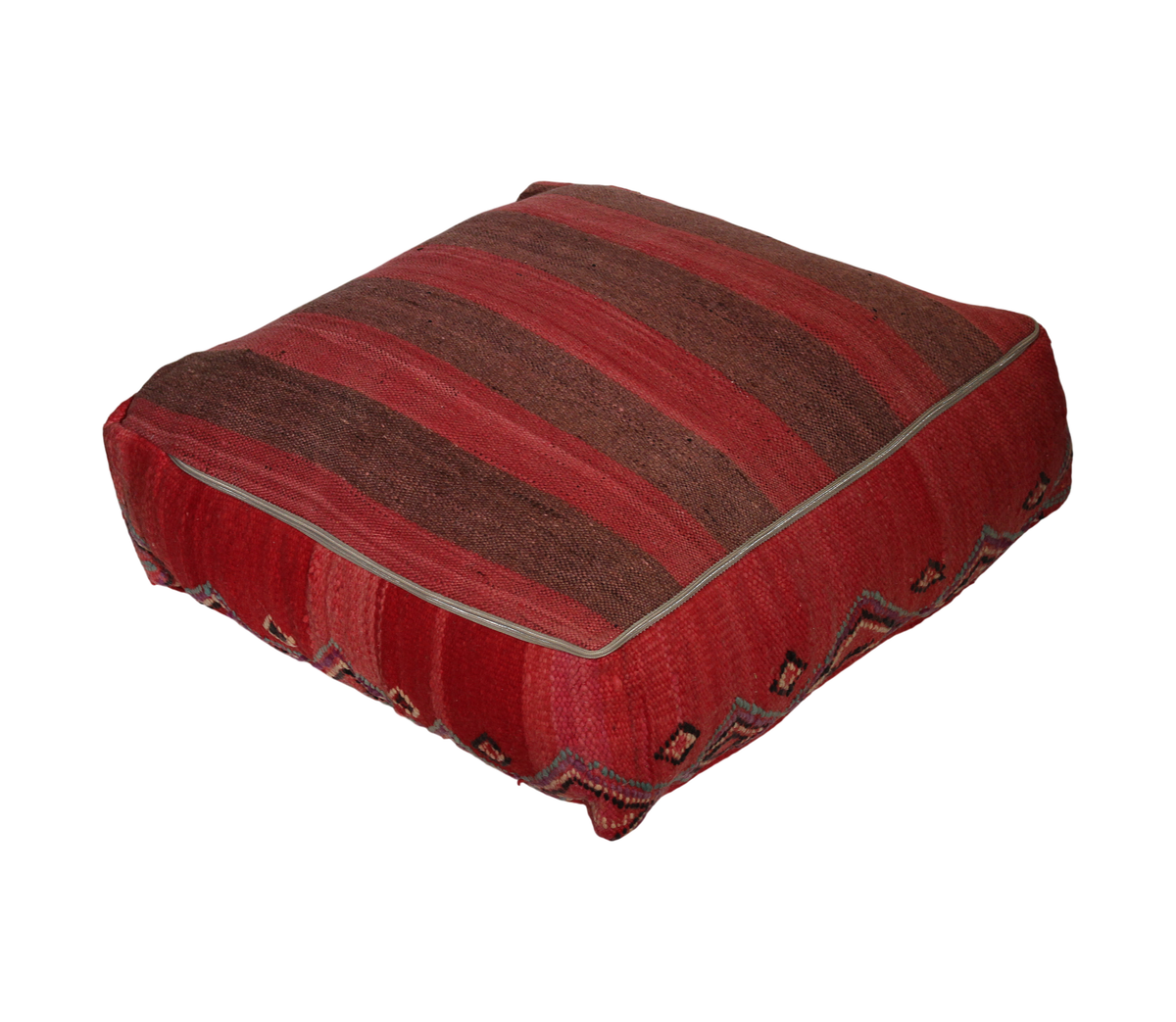 Back view of vintage Moroccan kilim pouf red tribal with zipper closure 