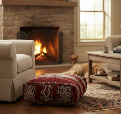 view of vintage Moroccan kilim pouf deep burgundy geometric in front of fireplace