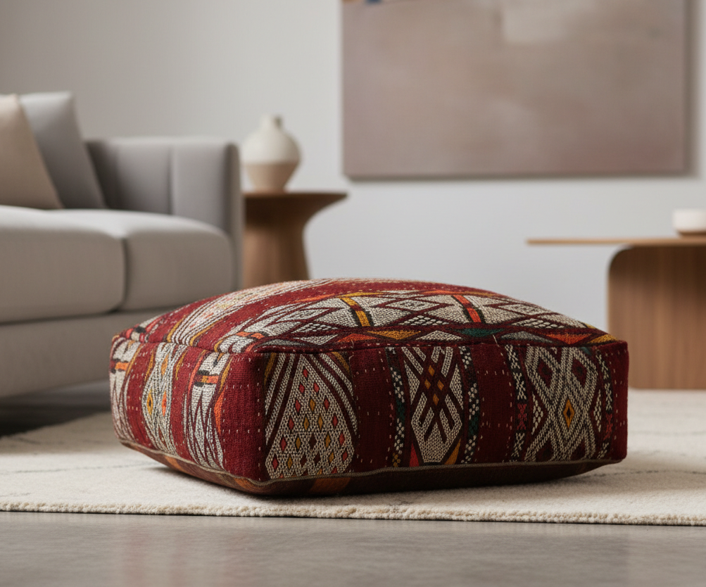 view of vintage Moroccan kilim pouf deep burgundy geometric in living room