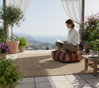 seating view of vintage Moroccan kilim pouf deep burgundy geometric  in terrace garden