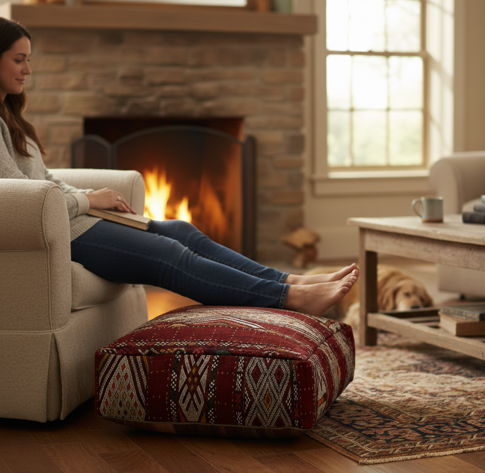 view of vintage Moroccan kilim pouf deep burgundy geometric used as footstool in living room