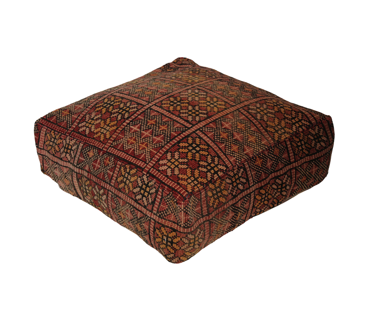 Front view of vintage Moroccan rug pouf terracotta red 60x60 cm 