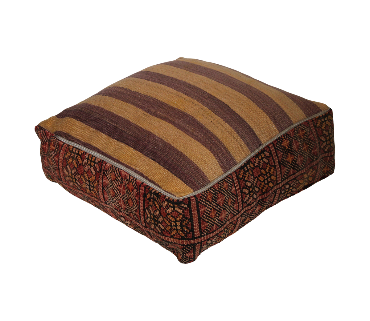 Back view of vintage Moroccan rug pouf terracotta red with zipper closure 