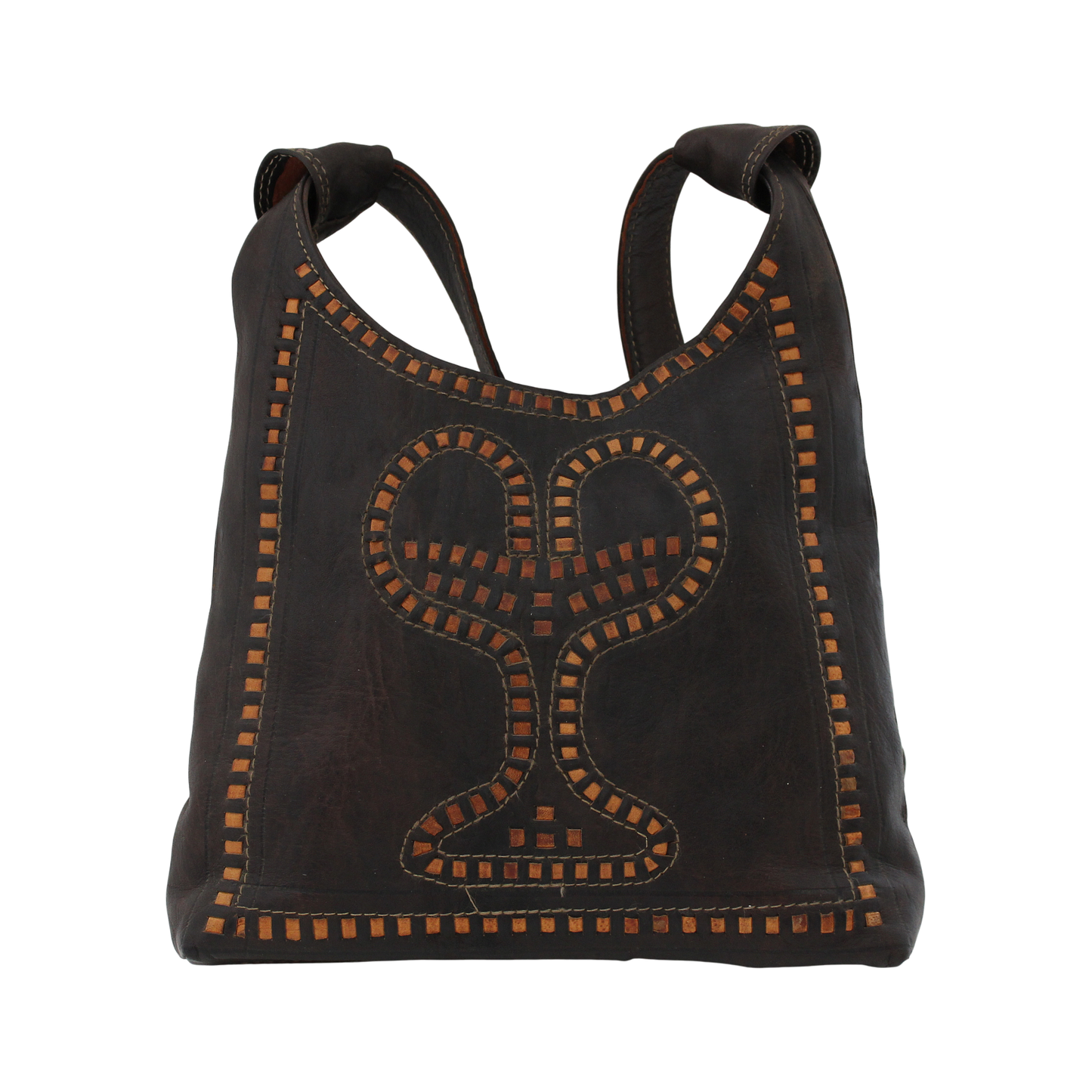 Moroccan Handbag Bag Vintage Real Leather Boho Shoulder Bag Handmade Brown Tan with Interlaced Motifs Unused (VLB4)