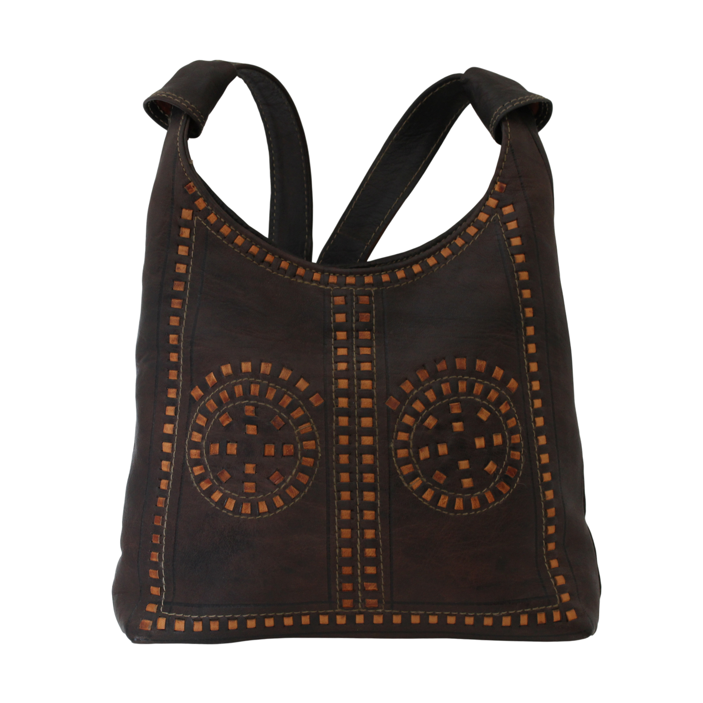 Moroccan Handbag Bag Vintage Real Leather Boho Shoulder Bag Handmade Brown Tan with Interlaced Motifs Unused (VLB4)