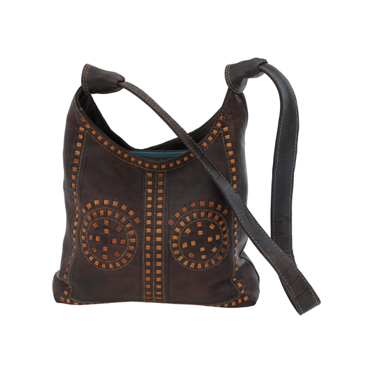 Moroccan Handbag Bag Vintage Real Leather Boho Shoulder Bag Handmade Brown Tan with Interlaced Motifs Unused (VLB4)