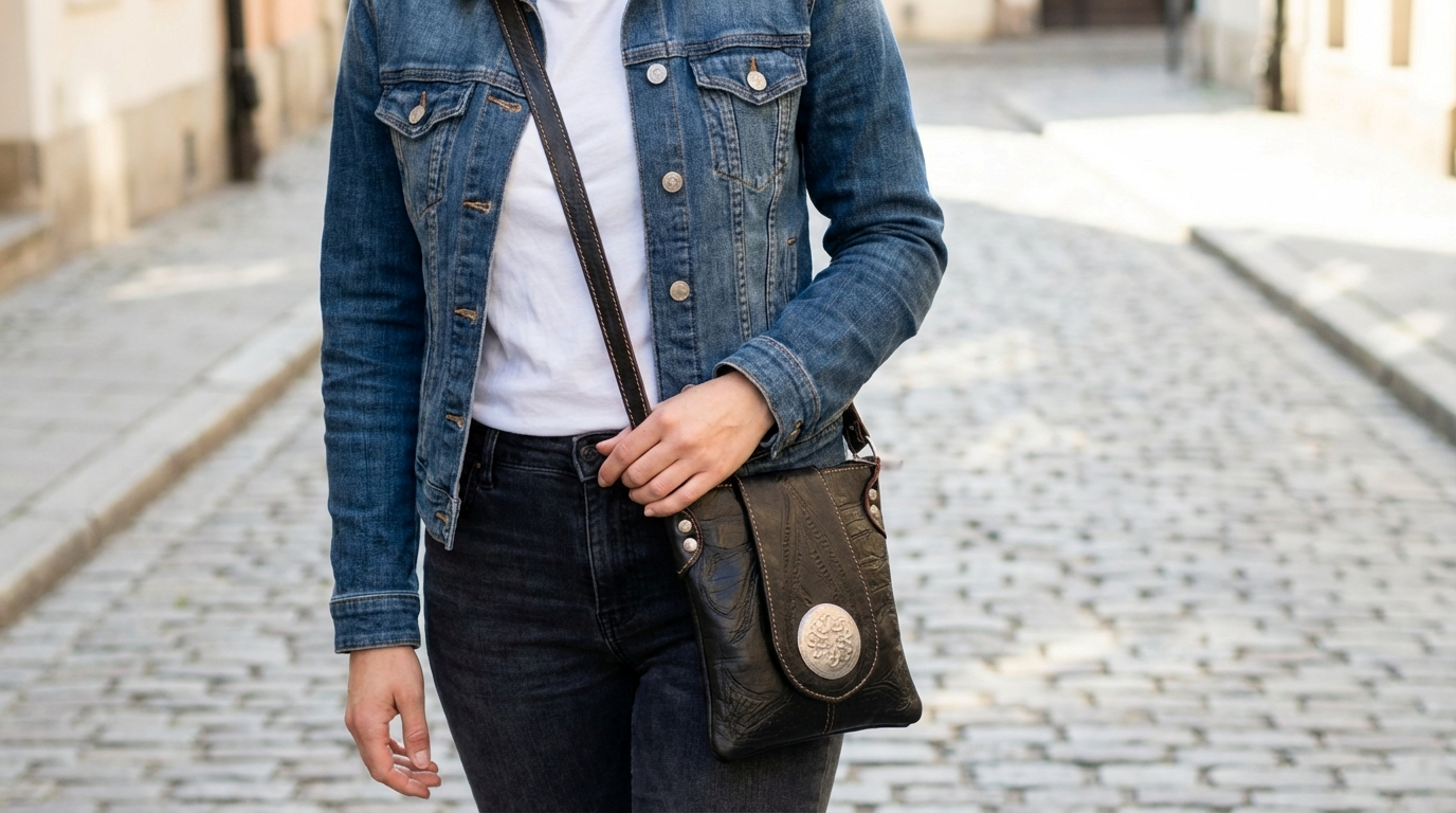 Moroccan Crossbody Handbag Vintage Real Leather Boho Bag Handmade Glossy Black Hand Engraved Hand Embossed Motifs Unused (VLB7)