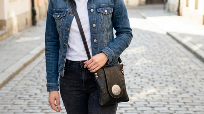 Moroccan Crossbody Handbag Vintage Real Leather Boho Bag Handmade Glossy Black Hand Engraved Hand Embossed Motifs Unused (VLB7)