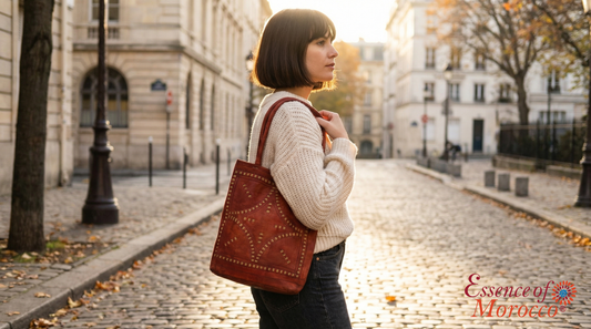 Moroccan Tote Bag Vintage Real Leather Boho Bag Handmade Rich Tan with Interlaced Motifs Unused (VLB1)
