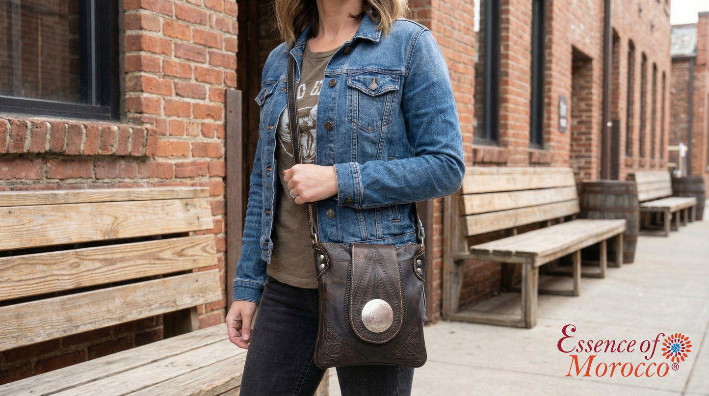Moroccan Crossbody Handbag Vintage Real Leather Boho Bag Handmade Brown Tan Hand Engraved Hand Embossed Motifs Unused (VLB6)