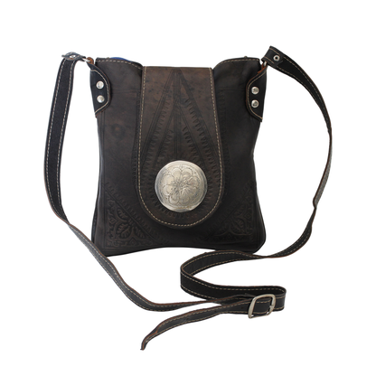 Moroccan Crossbody Handbag Vintage Real Leather Boho Bag Handmade Brown Tan Hand Engraved Hand Embossed Motifs Unused (VLB6)