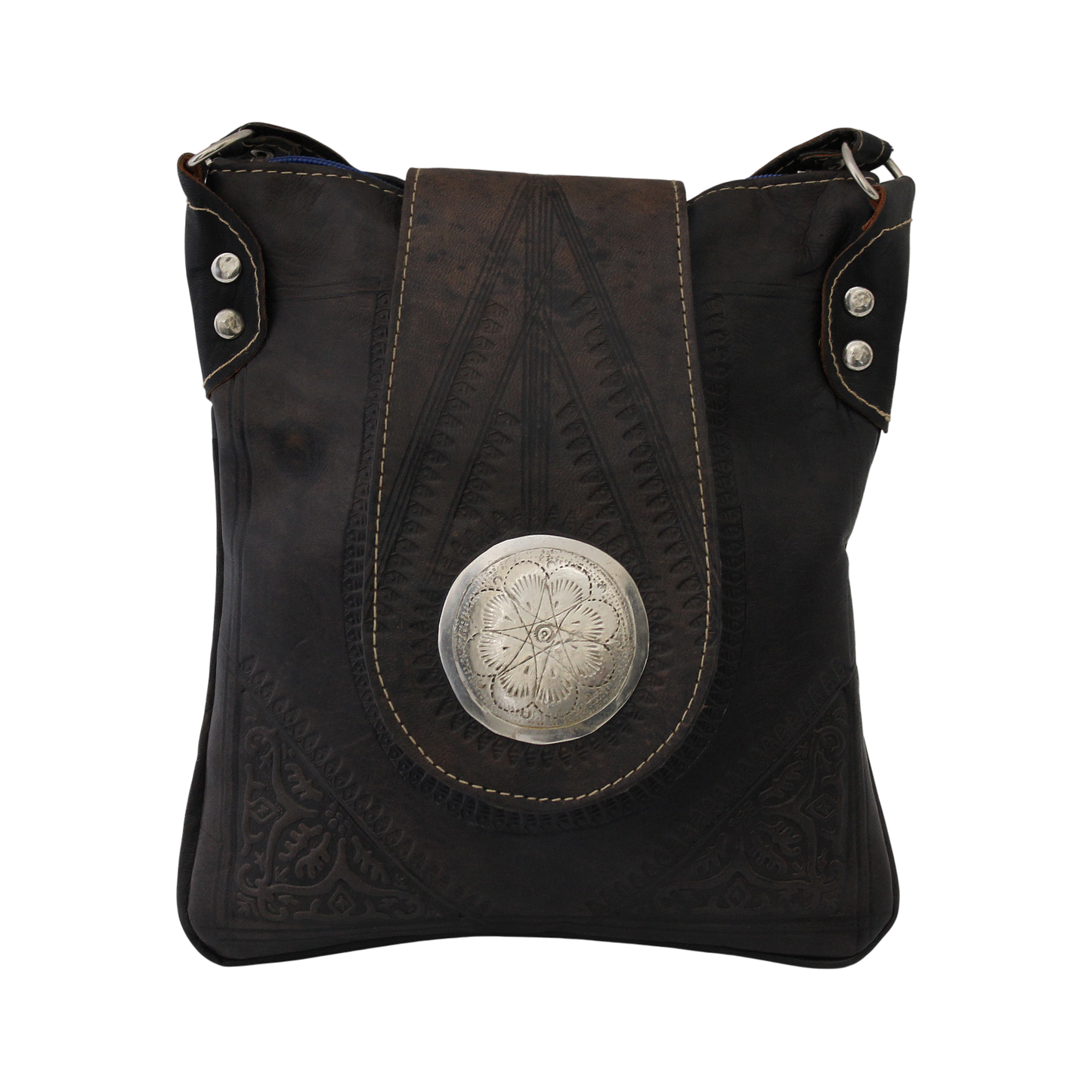 Moroccan Crossbody Handbag Vintage Real Leather Boho Bag Handmade Brown Tan Hand Engraved Hand Embossed Motifs Unused (VLB6)