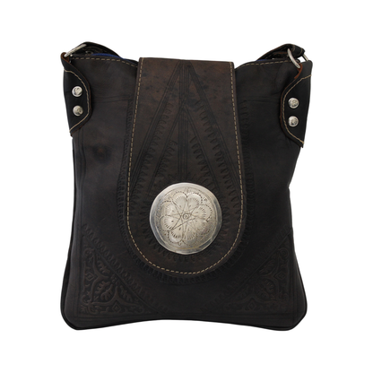 Moroccan Crossbody Handbag Vintage Real Leather Boho Bag Handmade Brown Tan Hand Engraved Hand Embossed Motifs Unused (VLB6)