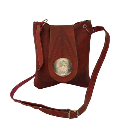 Moroccan Crossbody Handbag Vintage Real Leather Boho Bag Handmade Rich Tan Hand Engraved and Hand Embossed Motifs Unused (VLB5)