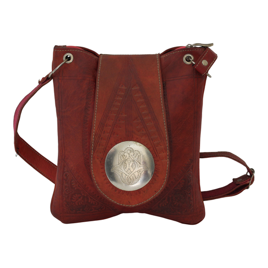 Moroccan Crossbody Handbag Vintage Real Leather Boho Bag Handmade Rich Tan Hand Engraved and Hand Embossed Motifs Unused (VLB5)