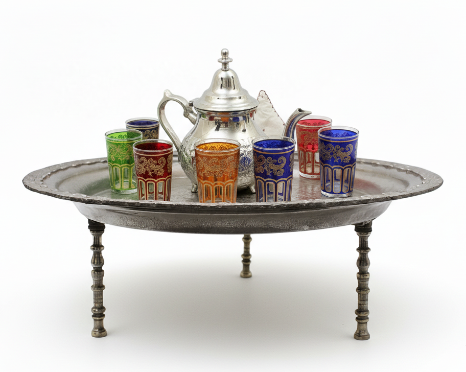 Vintage Moroccan Serving Tray Table with Removable Legs – 53 cm Silver Maillechort