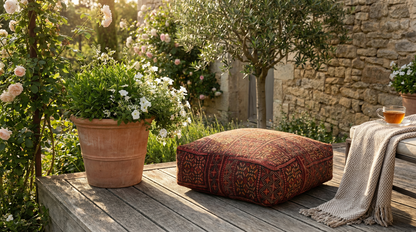 view of moroccan vintage rug pouf terracotta red on garden decking