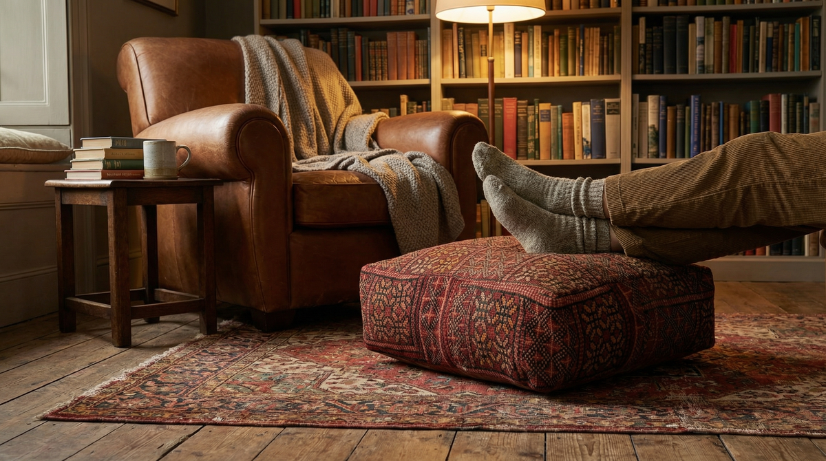 view of vintage Moroccan rug pouf terracotta red used as footstool in home library