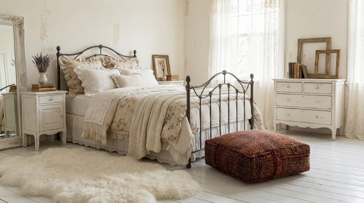 view of vintage Moroccan rug pouf terracotta red in shabby chic bedroom
