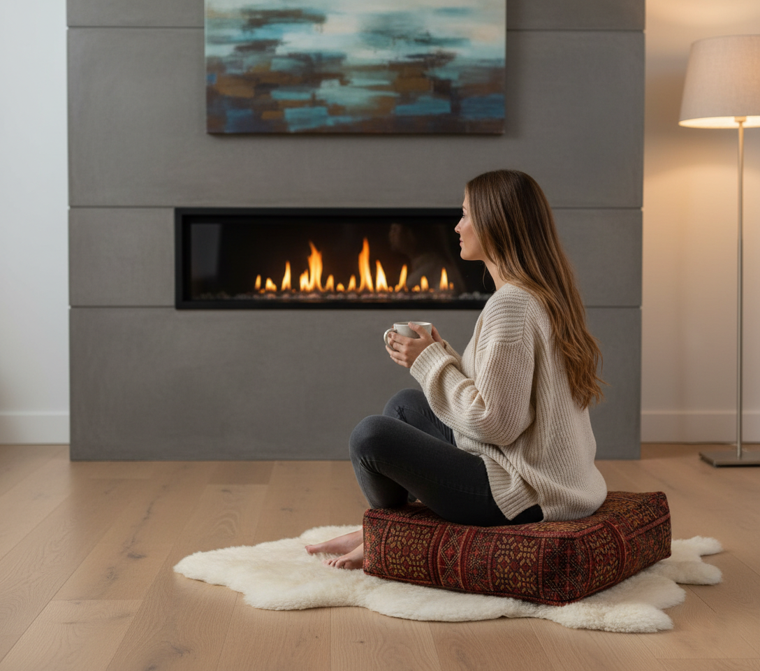 view of vintage Moroccan rug pouf terracotta used as ottoman seating in front of fireplace