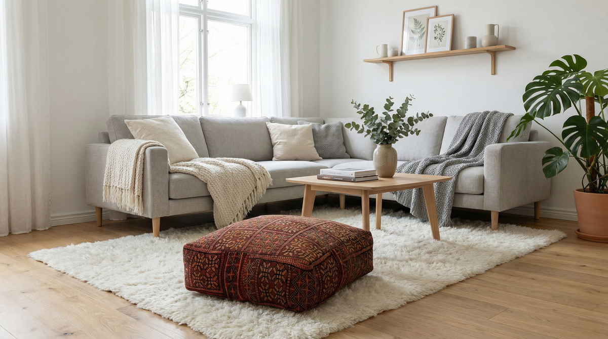 view of vintage Moroccan rug pouf terracotta in scandinavian living room