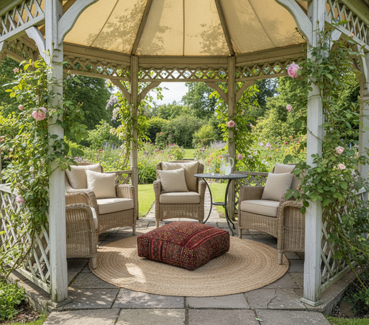view of vintage Moroccan rug pouf terracotta red in garden gazebo 