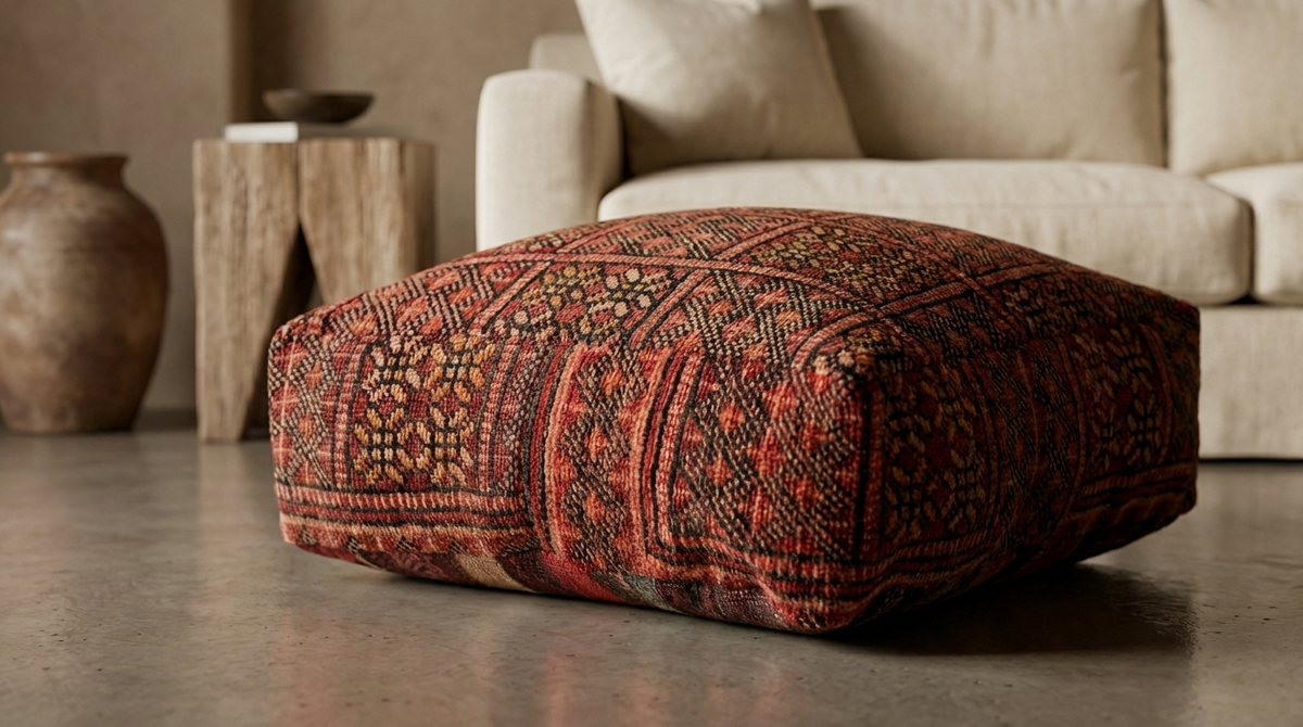 close up view of moroccan vintage rug pouf terracotta red in living room 