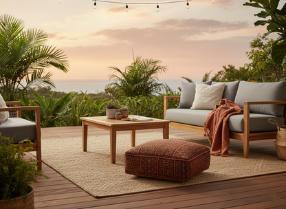 view of vintage Moroccan rug pouf terracotta red on reg on garden terrace