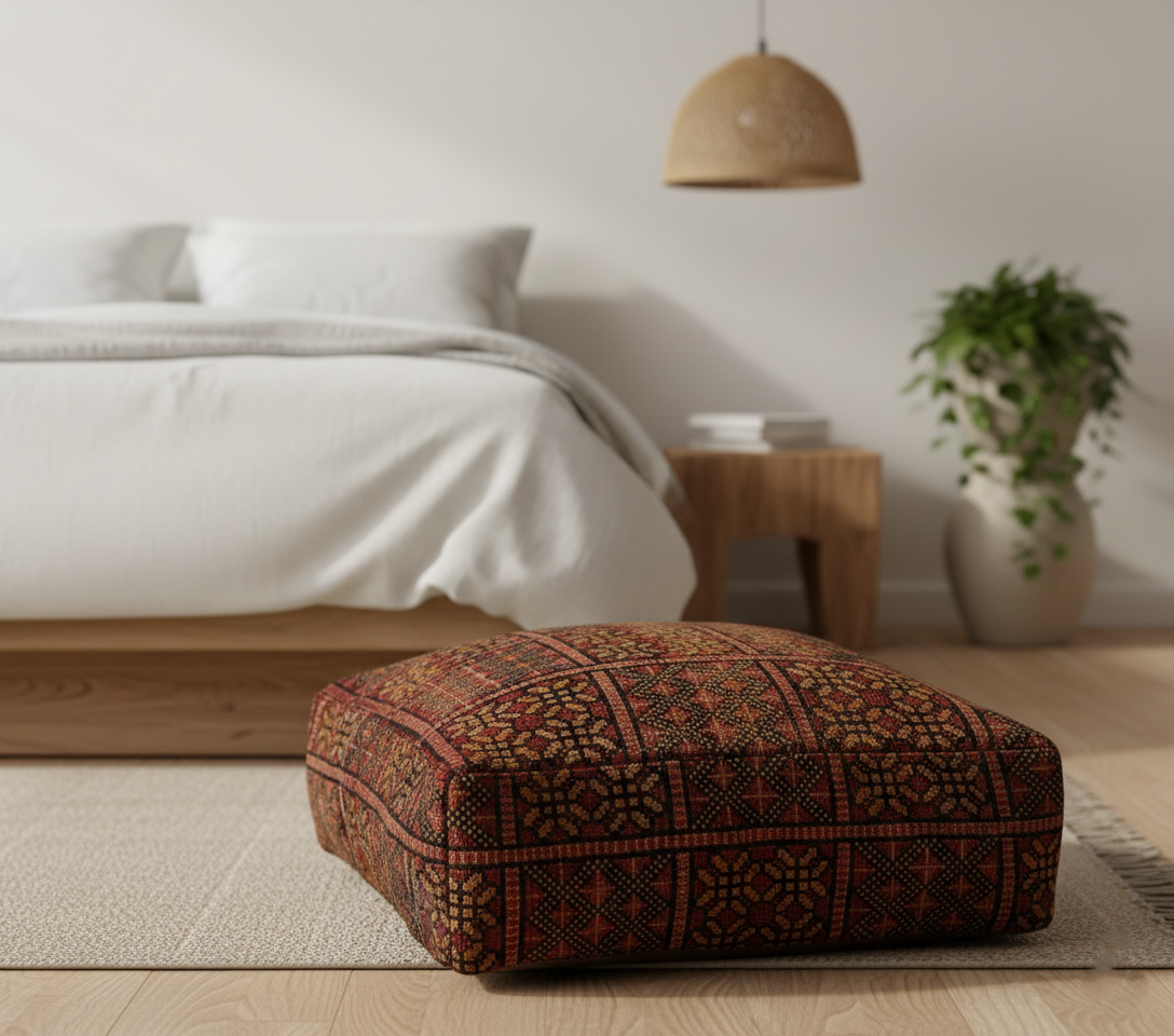 view of vintage Moroccan rug pouf terracotta red in bedroom