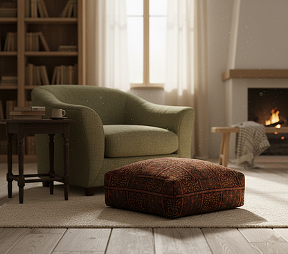 view of vintage Moroccan rug pouf terracotta red in cozy living room