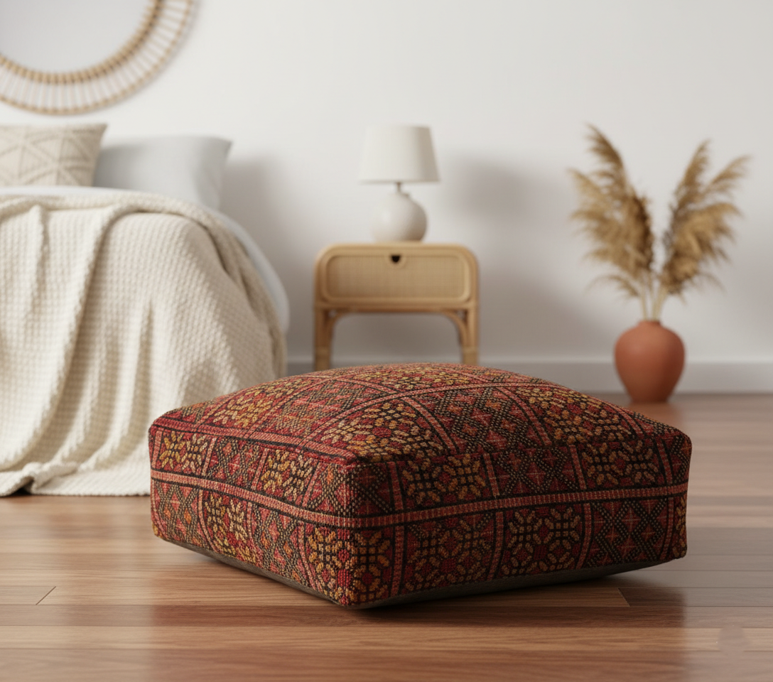 Close-up view of moroccan vintage rug pouf terracotta red in living room 