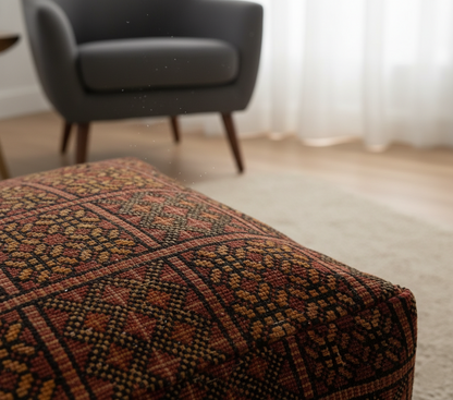 Close-up view of moroccan vintage rug pouf terracotta red in living room 2