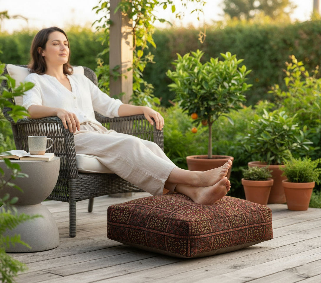 view of moroccan vintage rug pouf terracotta red used footrest on garden decking