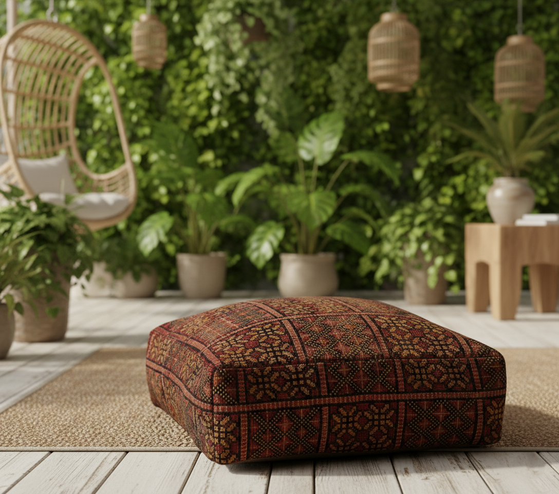 view of vintage Moroccan rug pouf terracotta red on garden patio