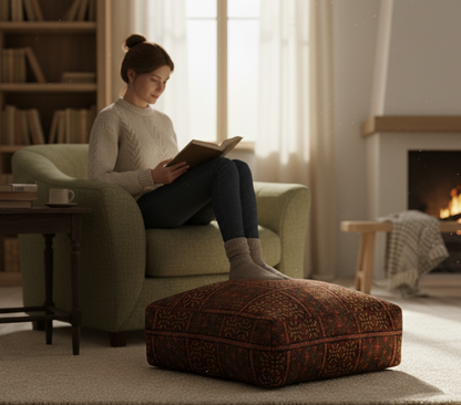 view of vintage Moroccan rug pouf terracotta red used as a footstool in living room