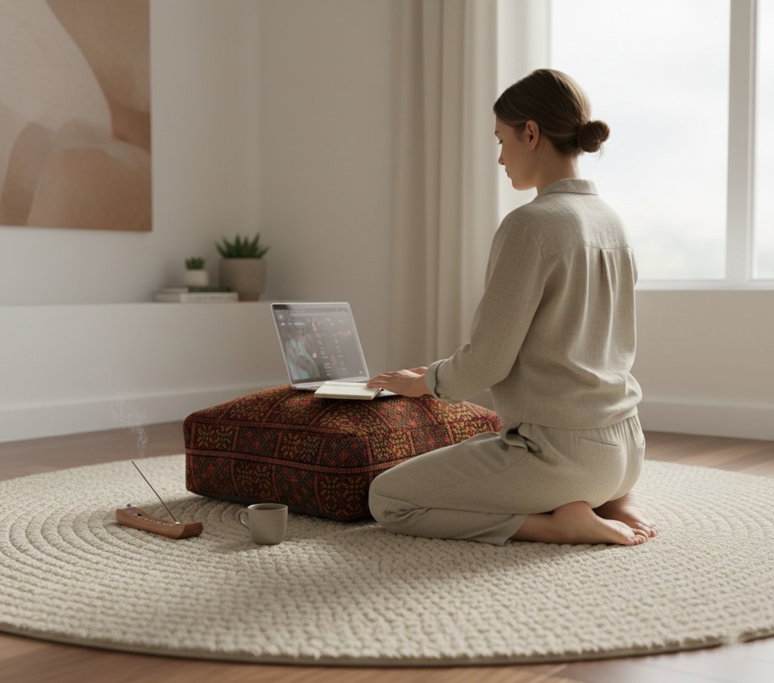 view of moroccan vintage rug pouf terracotta red used as a laptop table