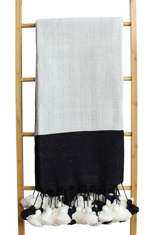 Moroccan Pompom Blanket Pom Pom Throw Bed Runner Sofa Cover Wool Hand Loomed Stripy White and Black 256 x 151 cm / 100.7 x 59.4 inch