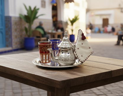 Moroccan Mint Tea Gift Set Small: Small Teapot, Silver Tray 23.5cm, Teapot Holder and 2 Tea Glasses