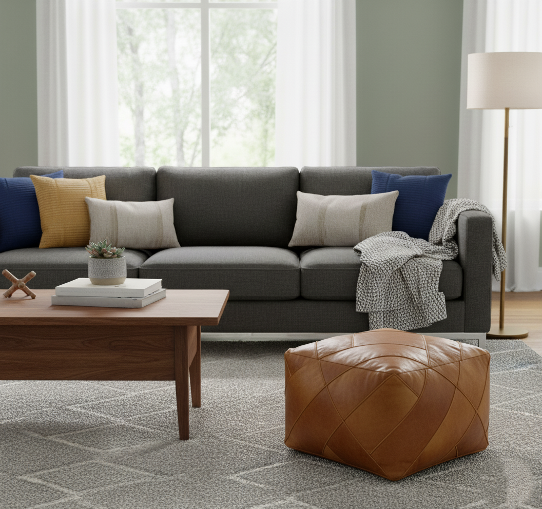 Moroccan Square Zellige Pouffe Pouf Footstool COVER ONLY or STUFFED Real Natural Tan Leather 40x40x30cm