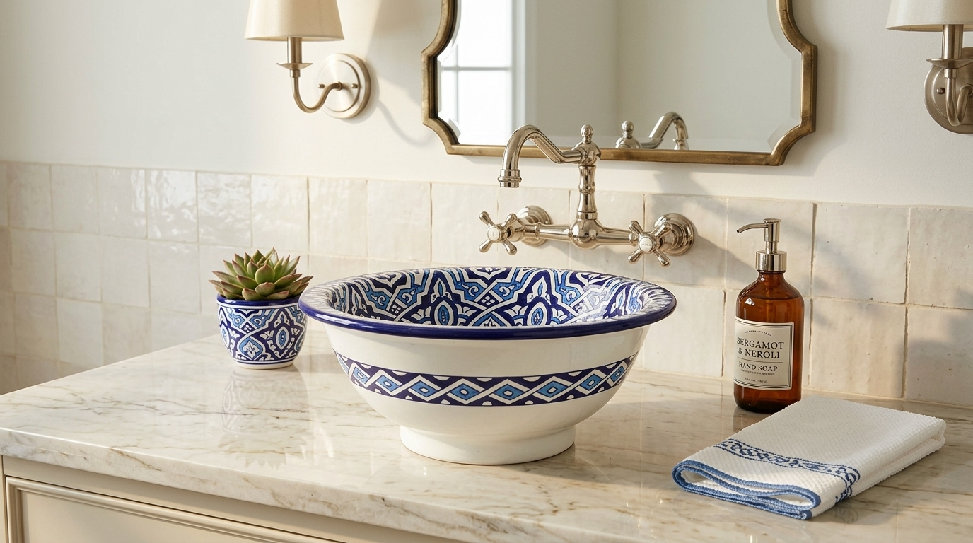 Moroccan Sink Washbasin Wash Basin Ceramic Handmade Blue with Free Waste (SW109)