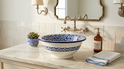 Moroccan Sink Washbasin Wash Basin Ceramic Handmade Blue with Free Waste (SW109)
