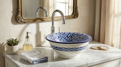 Moroccan Sink Washbasin Wash Basin Ceramic Handmade Blue with Free Waste (SW109)